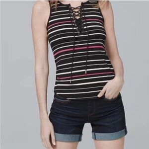NWT WHBM lace up sleeveless black striped top